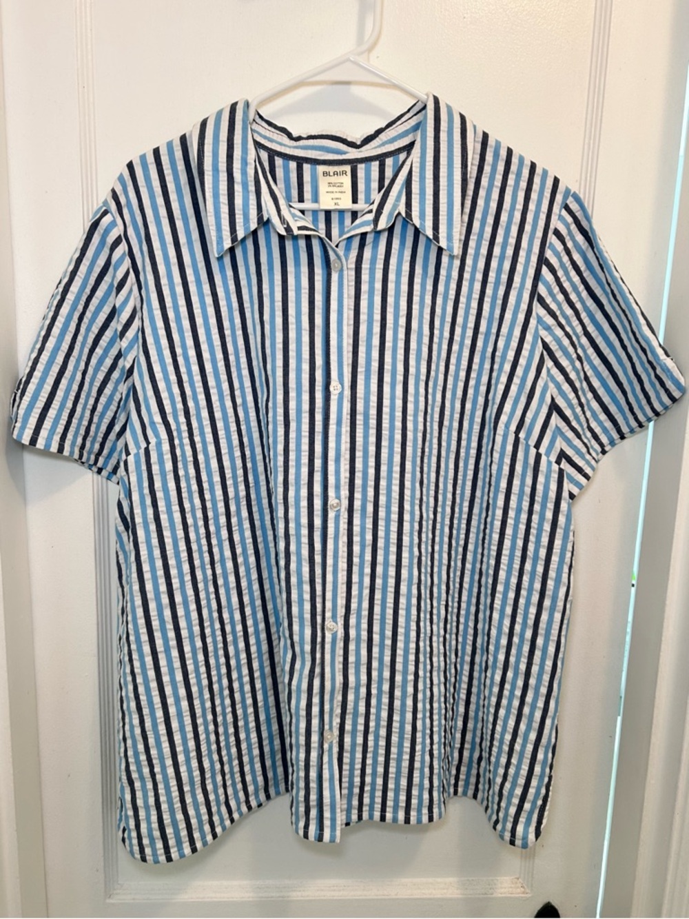 Blair Blue And White Striped Short Sleeve Cotton Button Up Shirt Women’s XL